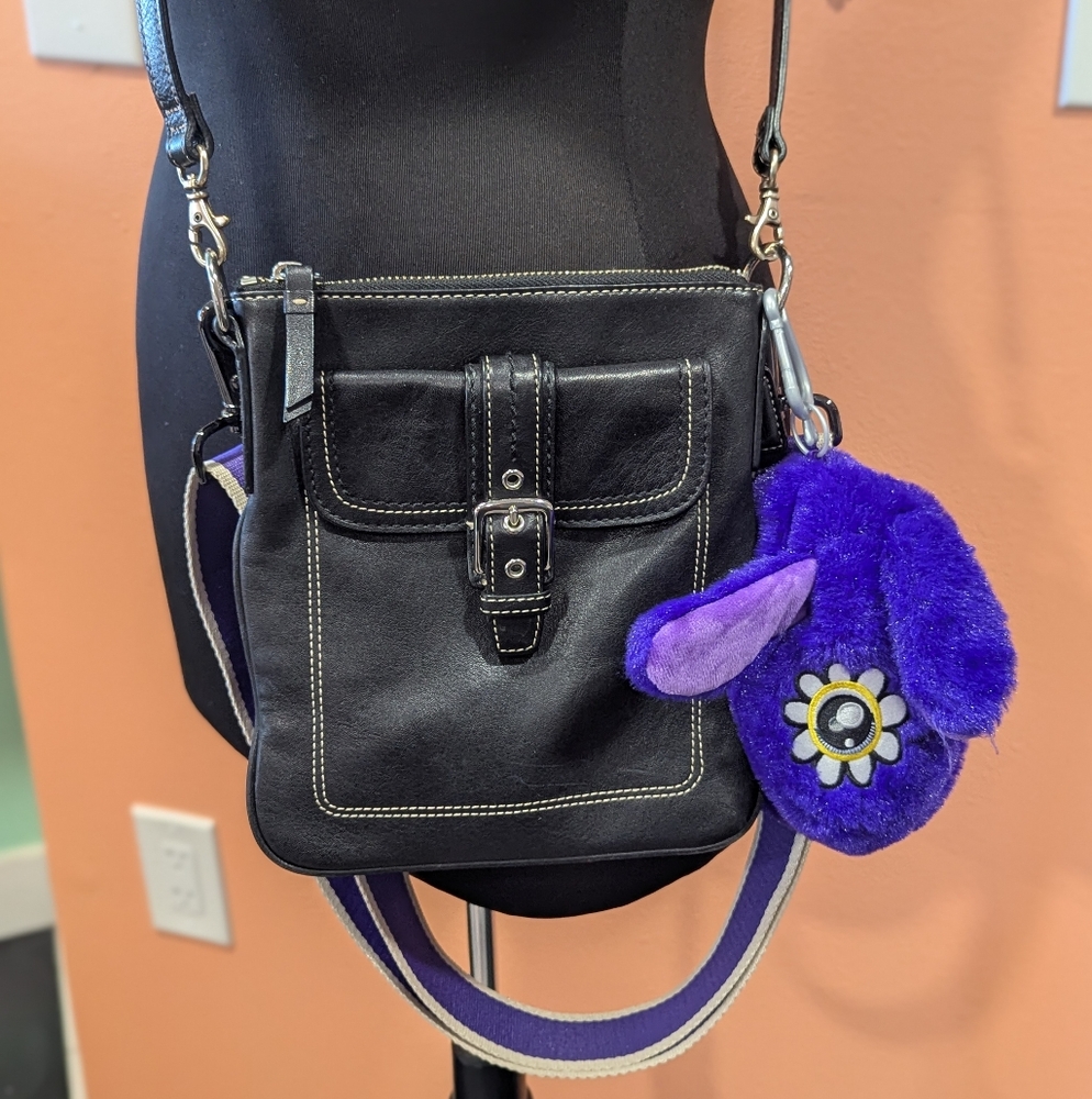 Coach Crossbody Black Leather Bag With Purple Strap Y2K Mini Flap Handbag - Picture 14 of 16